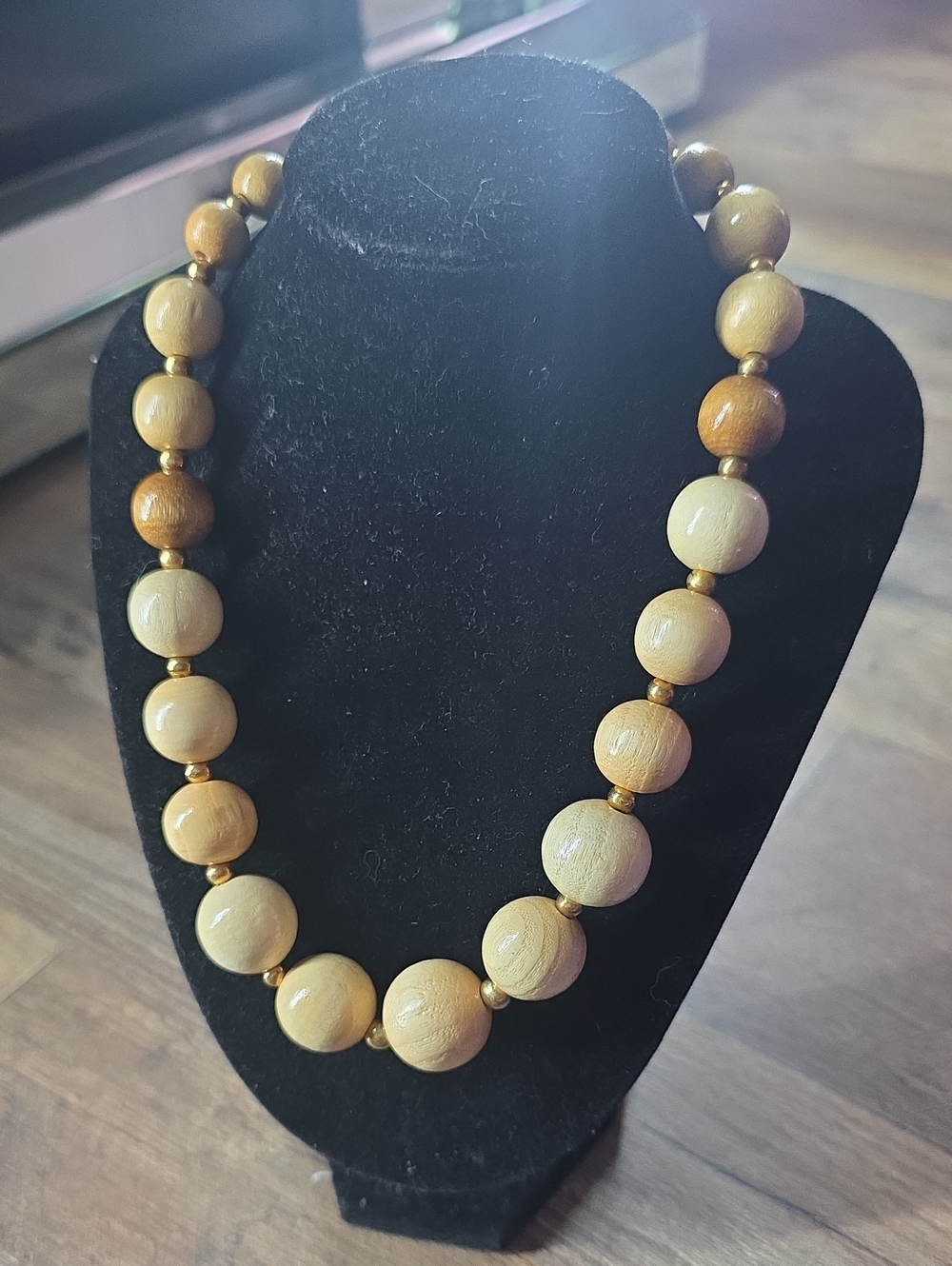 Vintage Wooden Bead Necklace - Light Brown & Golden Accents